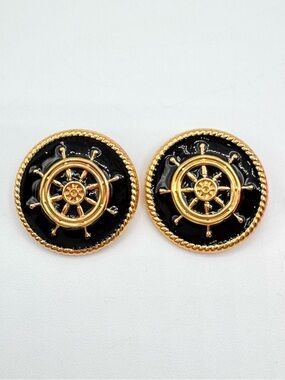 Vintage Nautical Captain Ship Wheel Earrings Statement Runway Black Enamel